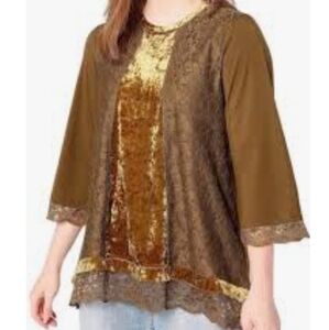 Logo Lavish by Lori Goldstein Crushed Velvet & Lace Blouse Size L